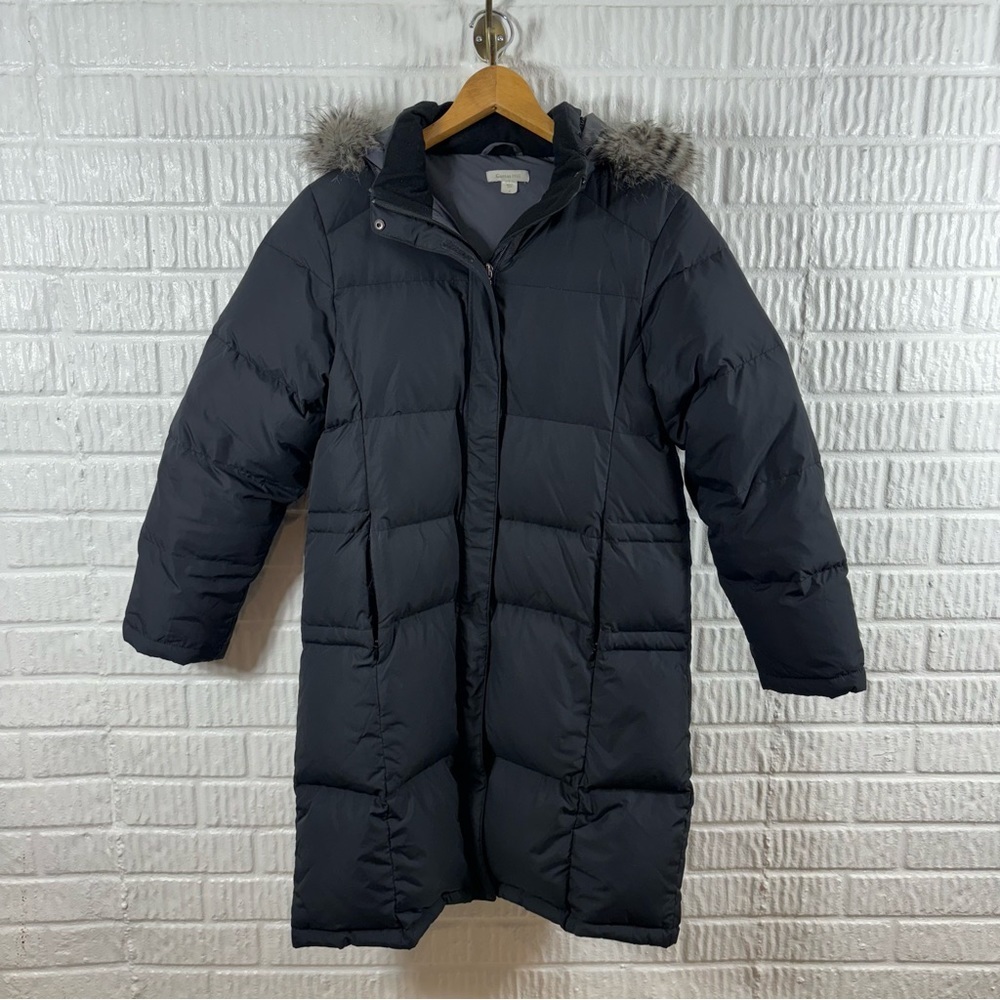 Garnet Hill Womens Down Hooded Puffer Coat Black Size 4 Quilted Mid Length